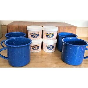 Watkins 1990 Soup Sampler Collection Enamelware Mug Blue & White Metal & Box VTG